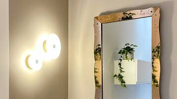 Une salle de bain avec un miroir fixé au mur, un luminaire et une plante.
