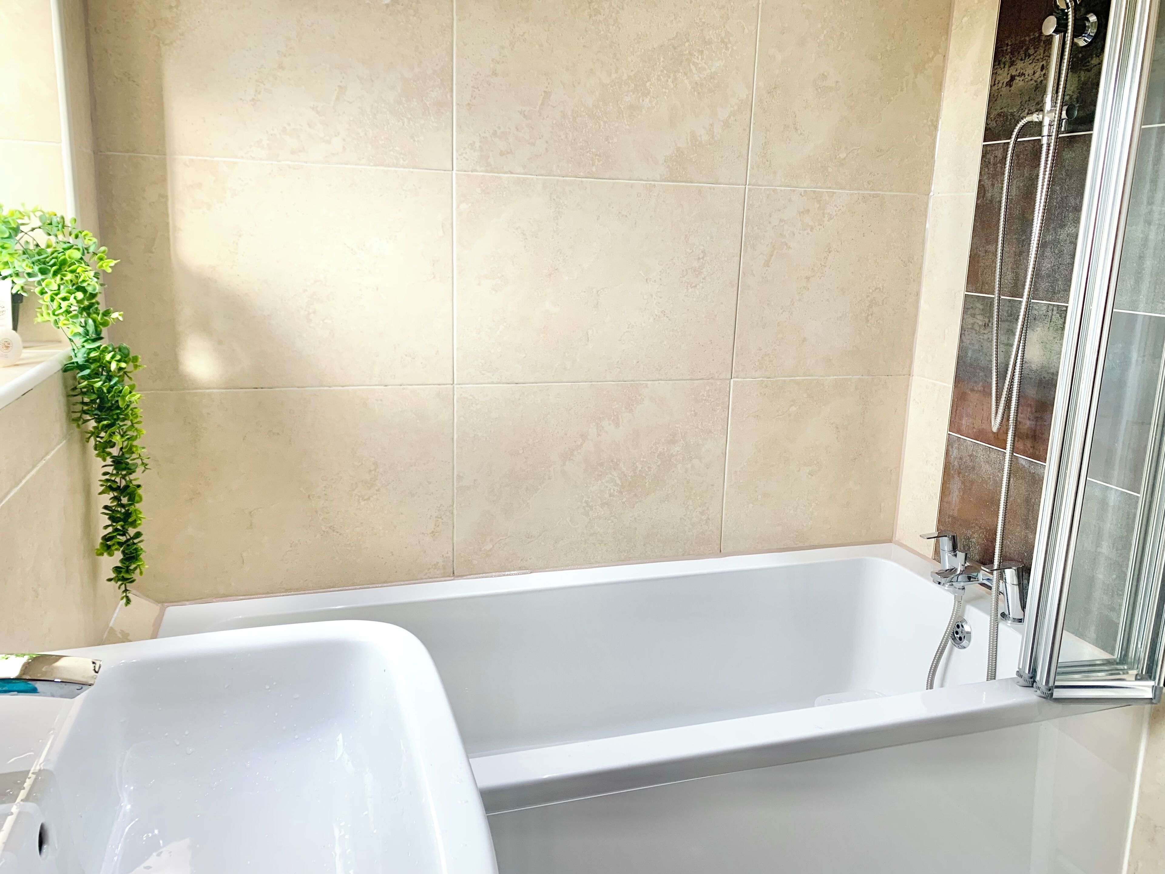 Hair dryer, bidet, towels, soap