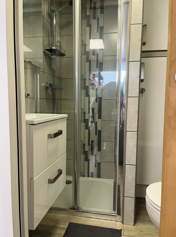 Regadera, secadora de cabello, toallas, papel de baño 