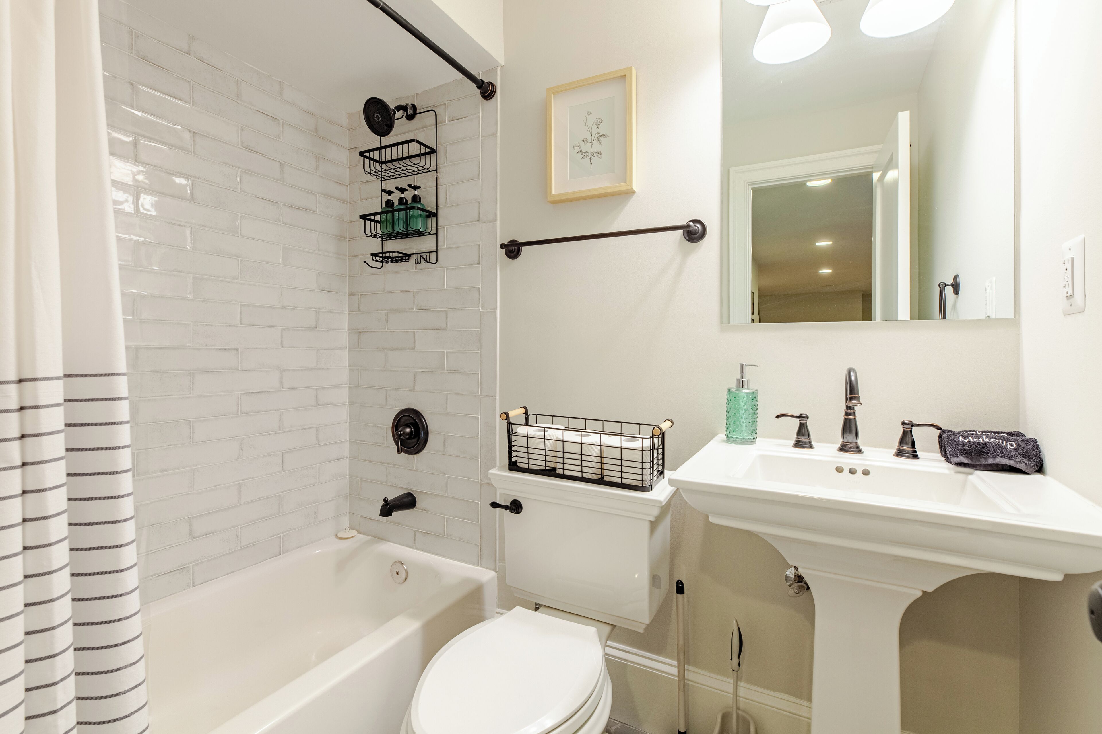 Hair dryer, towels, soap, shampoo