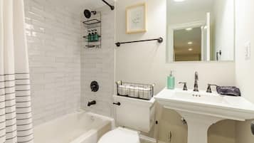 Hair dryer, towels, soap, shampoo