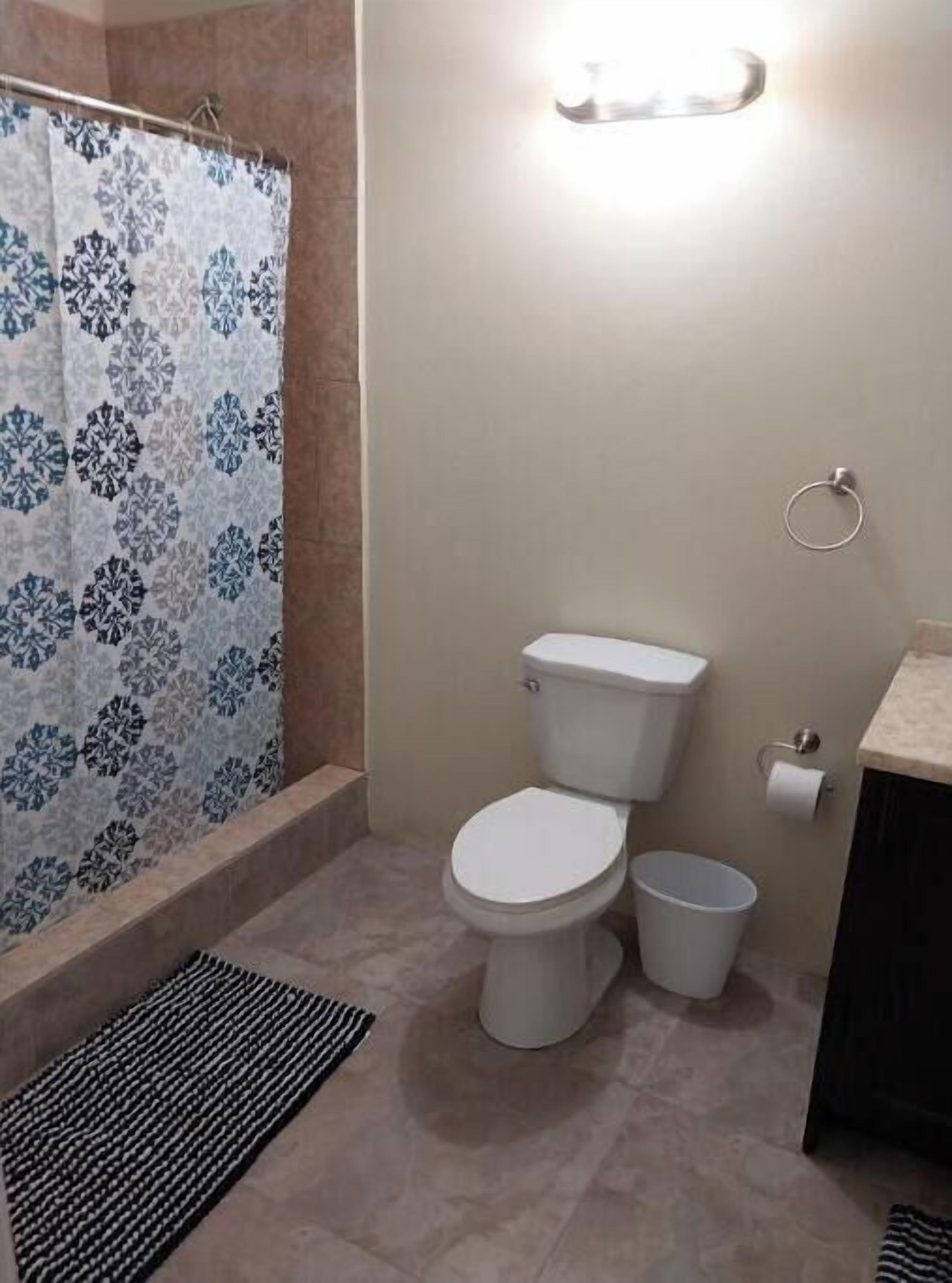 Chuveiro, secador de cabelo, toalhas de banho, sabonete