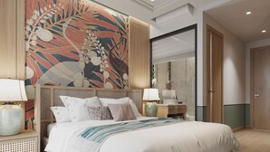 A modern bedroom with a large bed, a decorative wall tapestry, a wooden headboard, and a nightstand with a lamp. - SIREN HOTEL HAI TIEN (Hoang Tien)