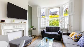 TV, fireplace, books