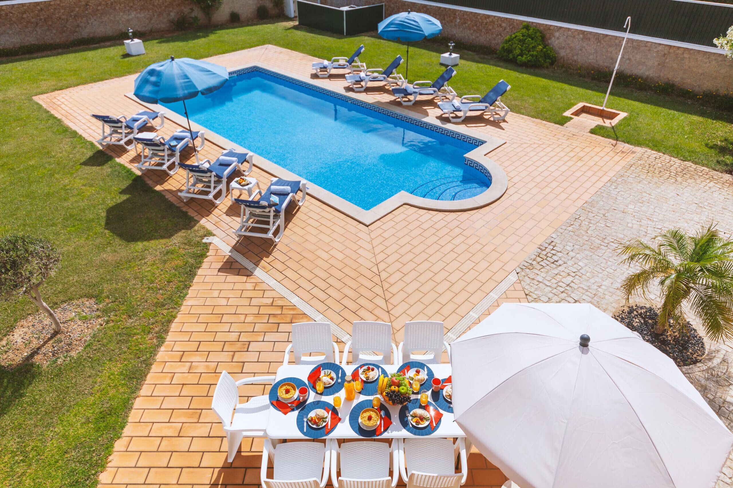 A swimming pool with lounge chairs and umbrellas, a table with plates and drinks, and a patio area with chairs and a palm tree.
