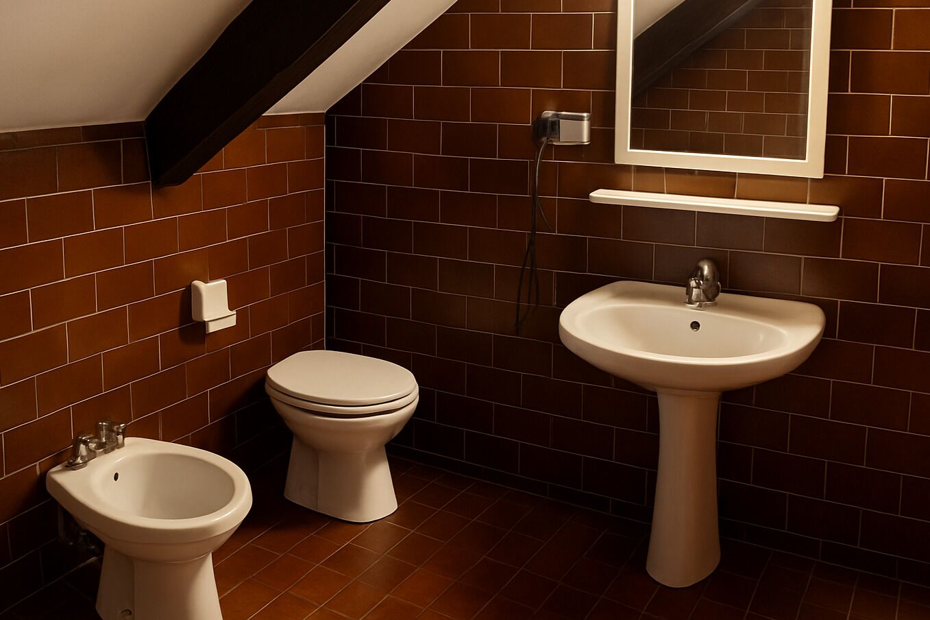 Une salle de bain avec des toilettes, un bidet et un lavabo, le tout de couleur blanche, sur un mur recouvert de carreaux bruns.