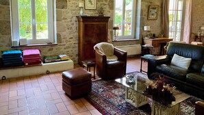 A cozy living room with stone walls, a fireplace, a leather sofa, a coffee table, and a rug. - Farmhouse in the heart of the Loire castles (VILLEMARDY)
