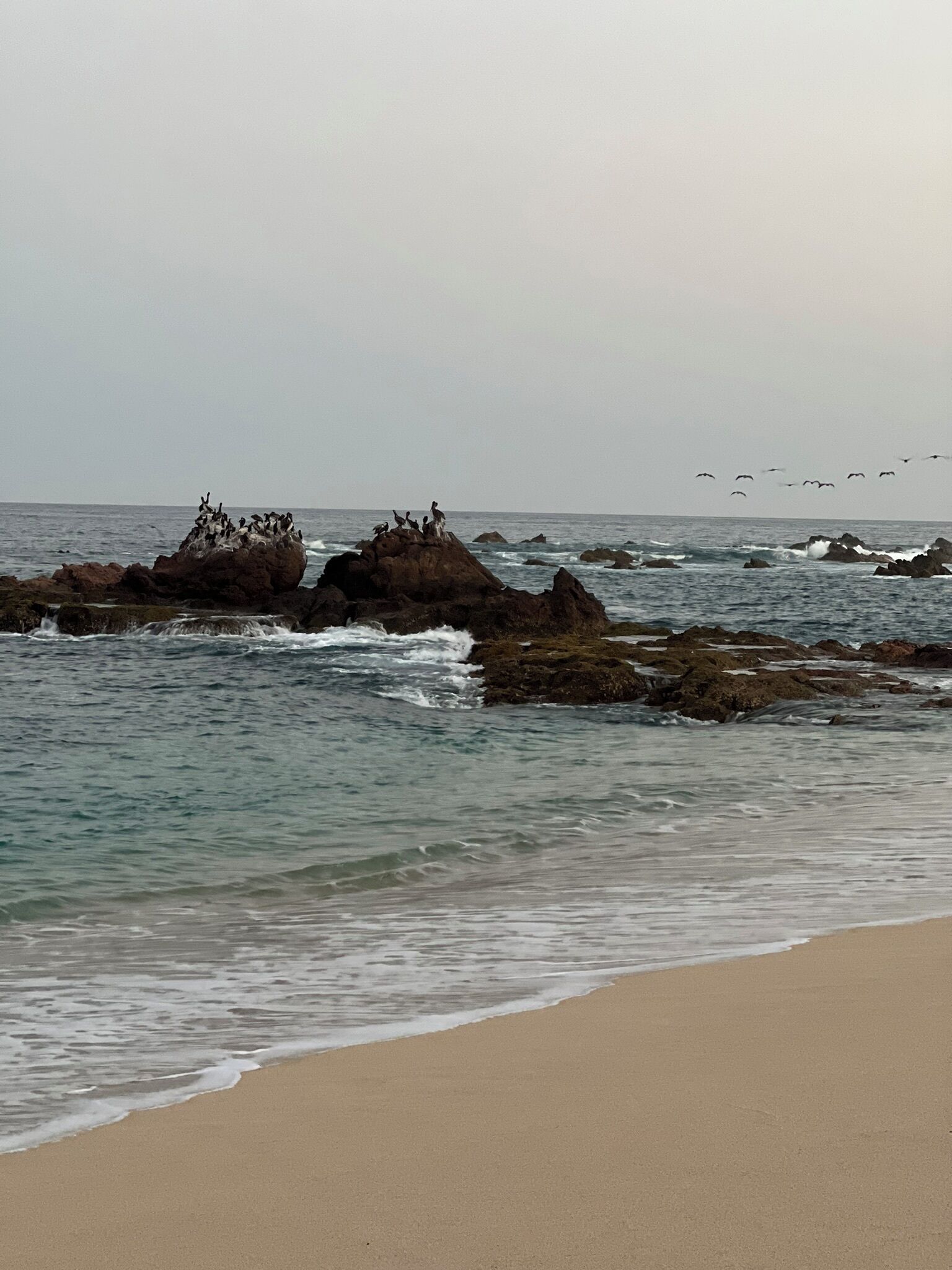 Ein Strand mit Felsen und Wellen.