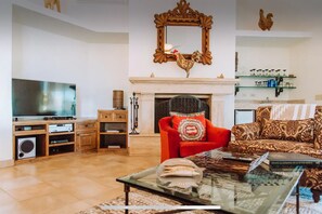 Smart TV, caminetto, lettore DVD, libri