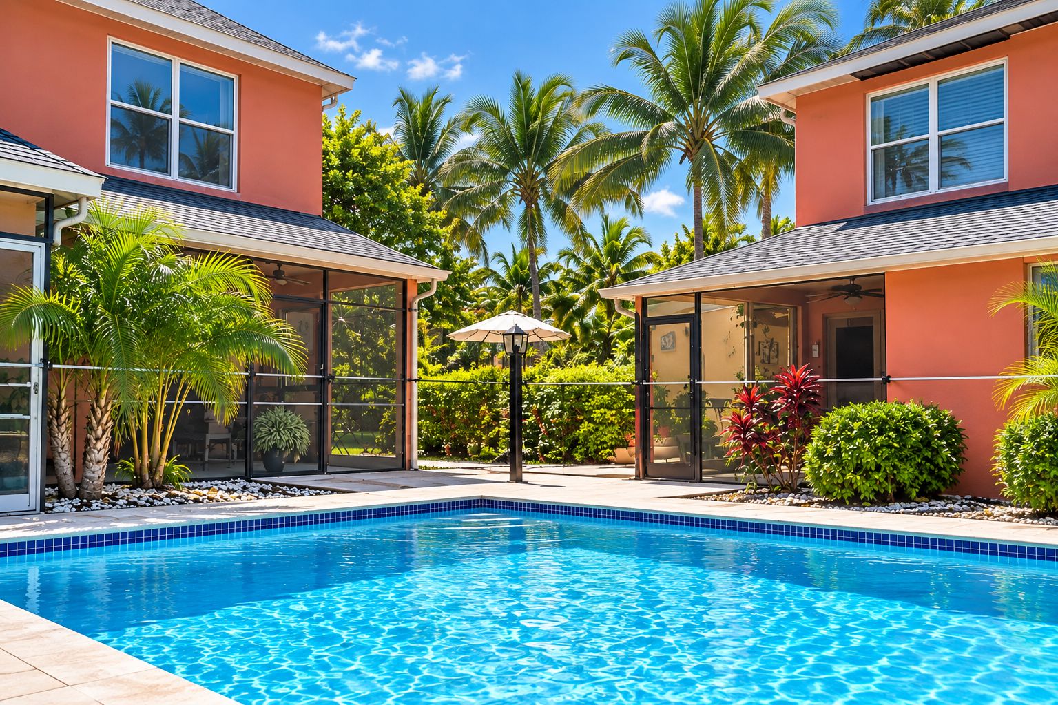 A swimming pool with a clear blue water surface, surrounded by a landscaped garden with palm trees and various shrubs.