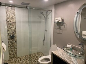 Hair dryer, towels, soap, toilet paper