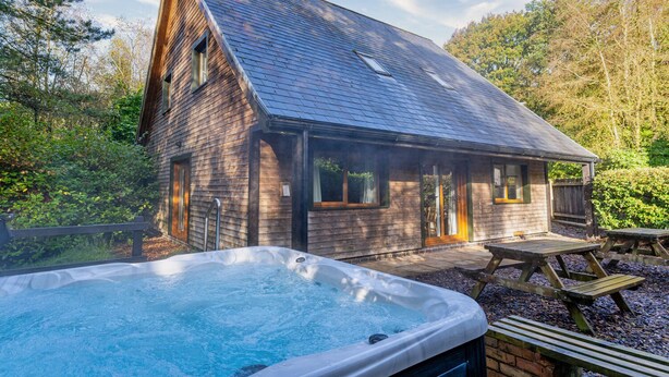 Eine rustikale Holzhütte mit Whirlpool und Picknicktisch.