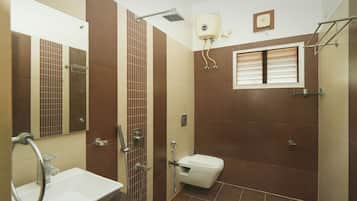 Hair dryer, bidet, towels, soap