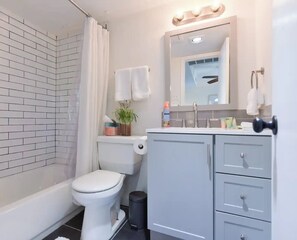 Hair dryer, towels, soap, shampoo