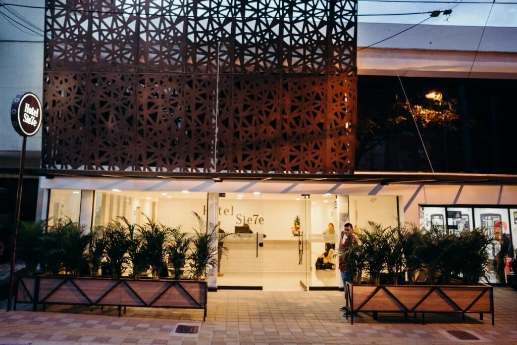 Entrada de hotel con fachada moderna, una recepción y plantas en macetas al frente.