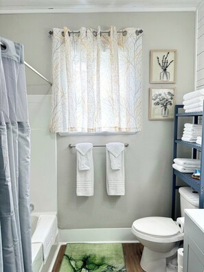 Shower, hair dryer, towels