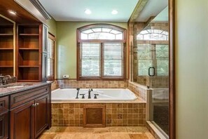 Shower, jetted tub, hair dryer, bidet