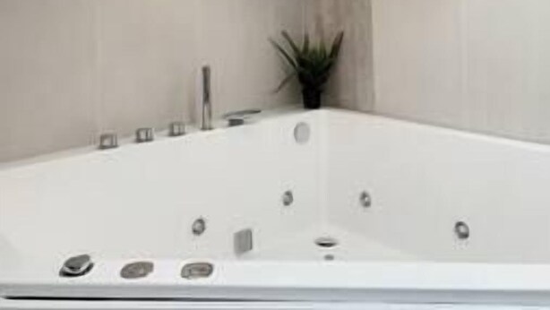 A modern bathroom with a large bathtub, a small plant, and a minimalist design.