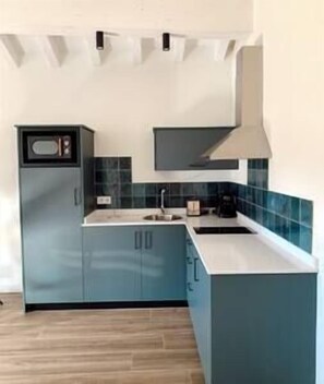 Kühlschrank, Mikrowelle, Herdplatte, Wasserkocher mit Kaffee-/Teezubehör