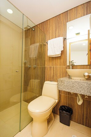Shower, towels, soap, toilet paper