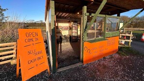 A self-serve farm shop with a sign indicating it is open and cash only.