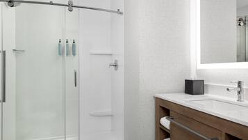 Hair dryer, towels, soap, shampoo