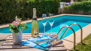 A wooden table with a bottle of champagne, two glasses, a potted plant, and a travel magazine by the pool. - House Doris Hofmann Sa Ràpita with Pool (Sa Rapita)