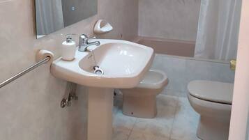 Hair dryer, bidet, towels, toilet paper