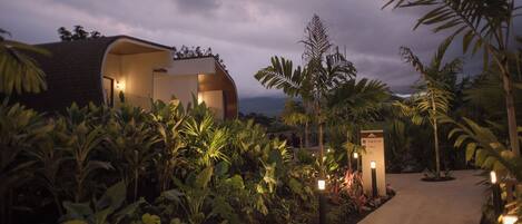 A modern building with a curved roof, surrounded by lush tropical plants and a well-lit pathway.