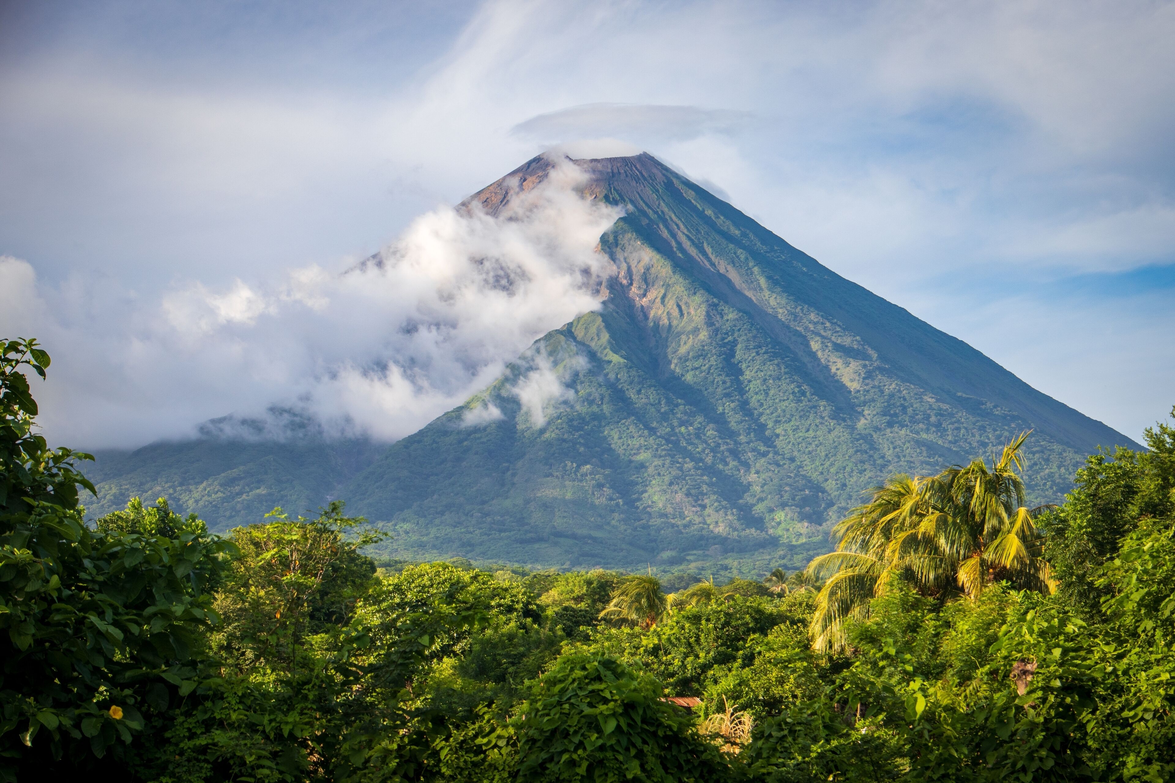 A mountain with a cloud base, surrounded by dense green foliage.