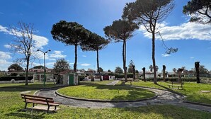 Un parque con un camino circular, bancos y árboles.