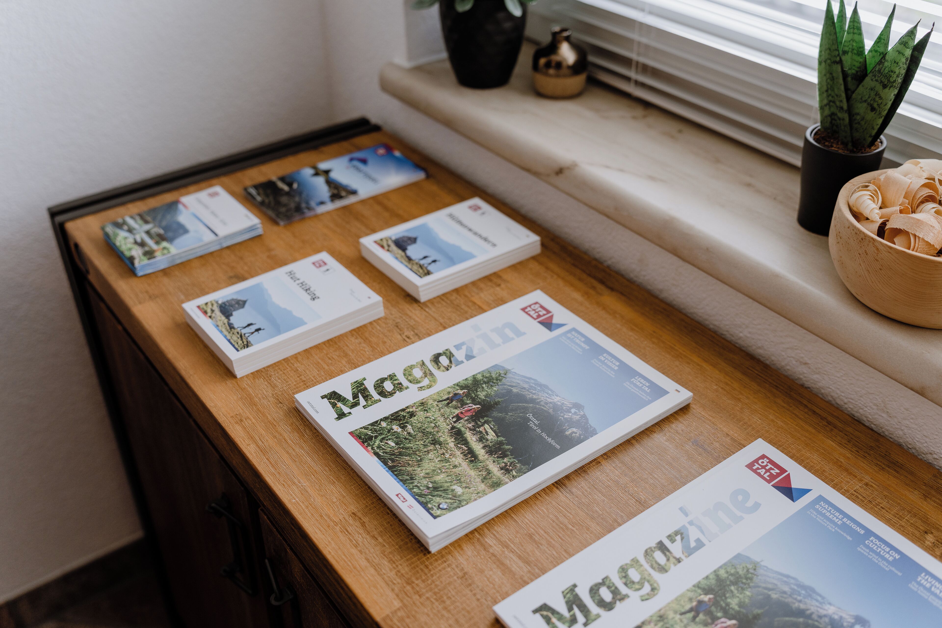 Uma mesa de madeira com várias revistas e um pequeno vaso de planta.