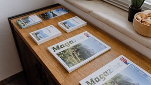 A wooden table with several magazines and a small potted plant. - Apart Peak Ötztal  (Laengenfeld)