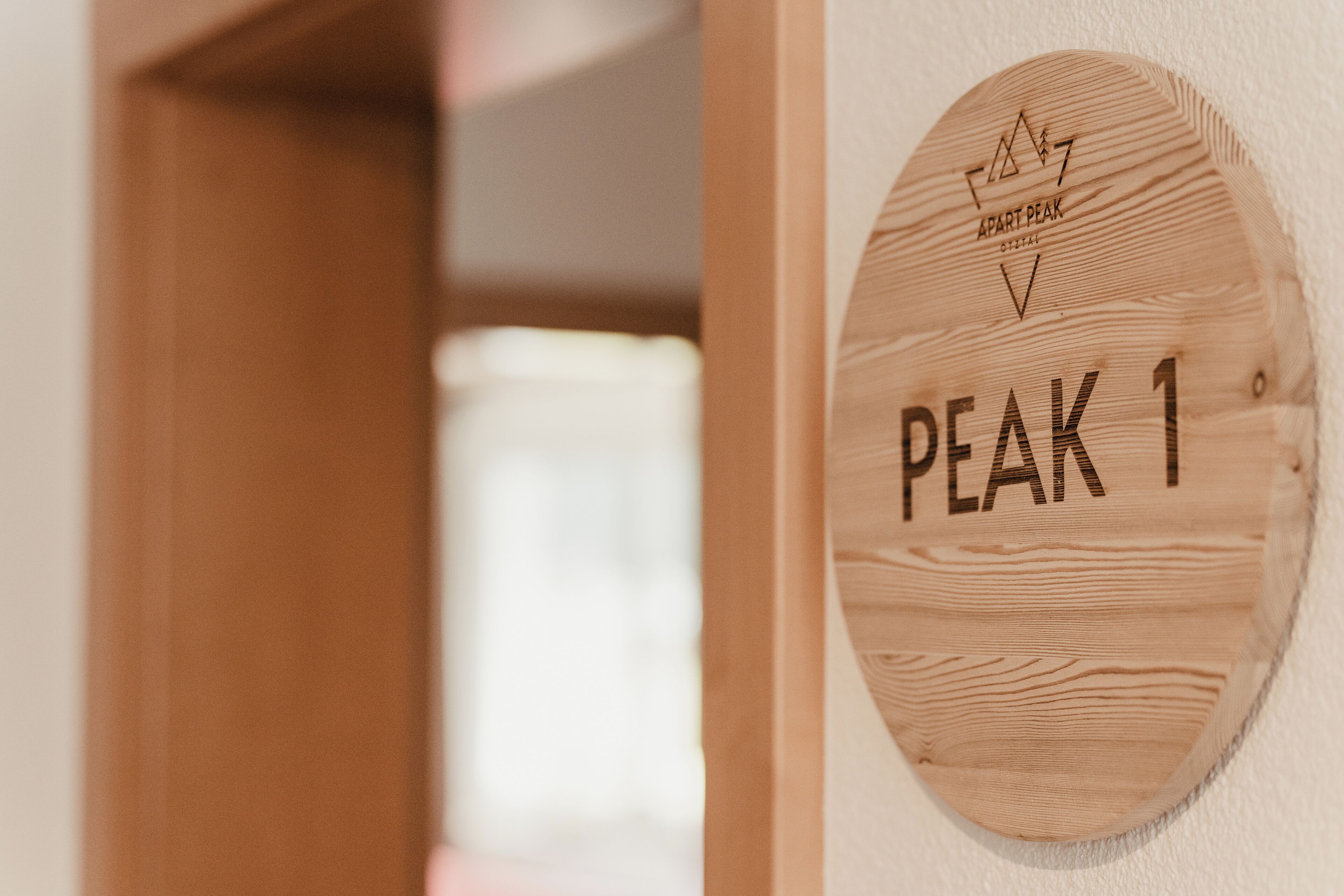 Un panneau en bois portant l’inscription « APART PEAK 1 » et un logo.