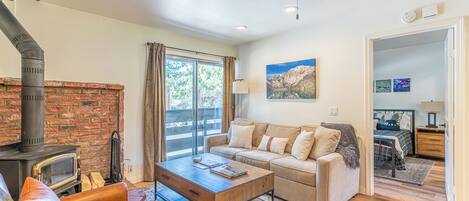Smart TV, fireplace, books