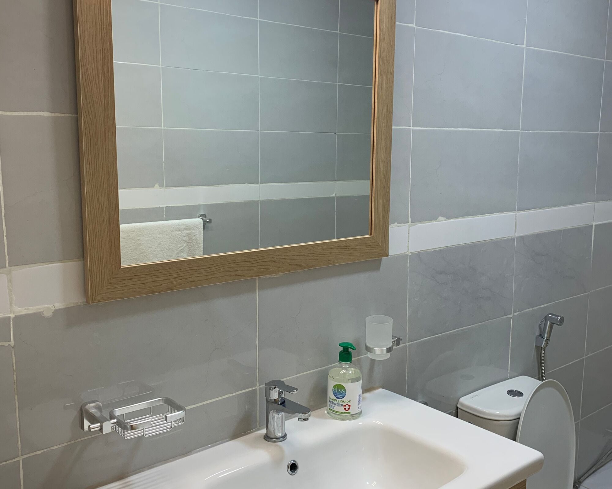 Shower, towels, soap, toilet paper