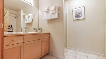 Hair dryer, towels, soap, shampoo