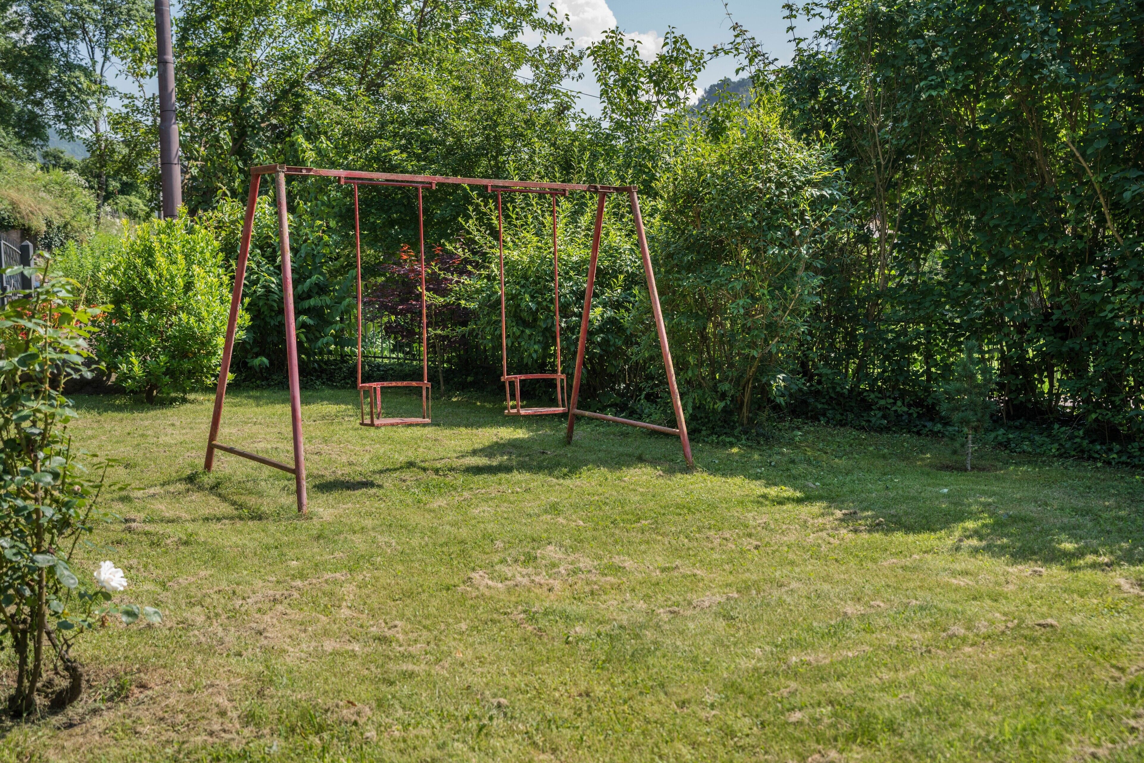 Eine Schaukelanlage in einer grünen Wiese mit dichtem Grün im Hintergrund.