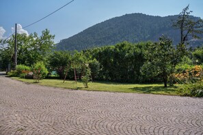 Un camino pavimentado que conduce a una zona verde con árboles y una montaña al fondo.