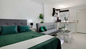 Une chambre moderne comprenant un lit, un canapé, une petite table et un coin cuisine.