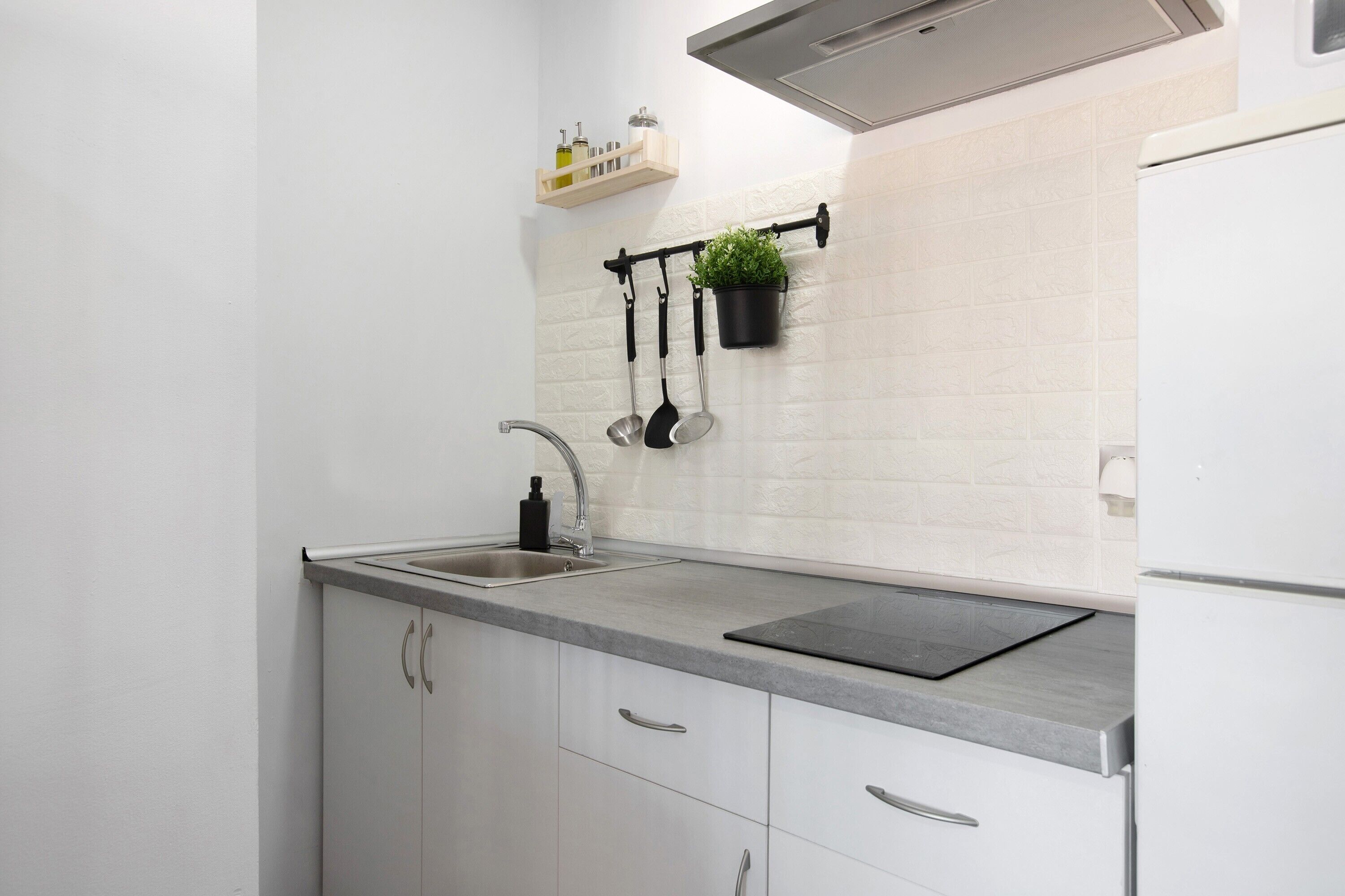 Fridge, microwave, stovetop, coffee/tea maker