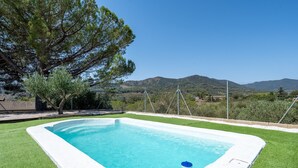 Una piscina rectangular con interior azul, rodeada de césped artificial verde, con un árbol y montañas al fondo.