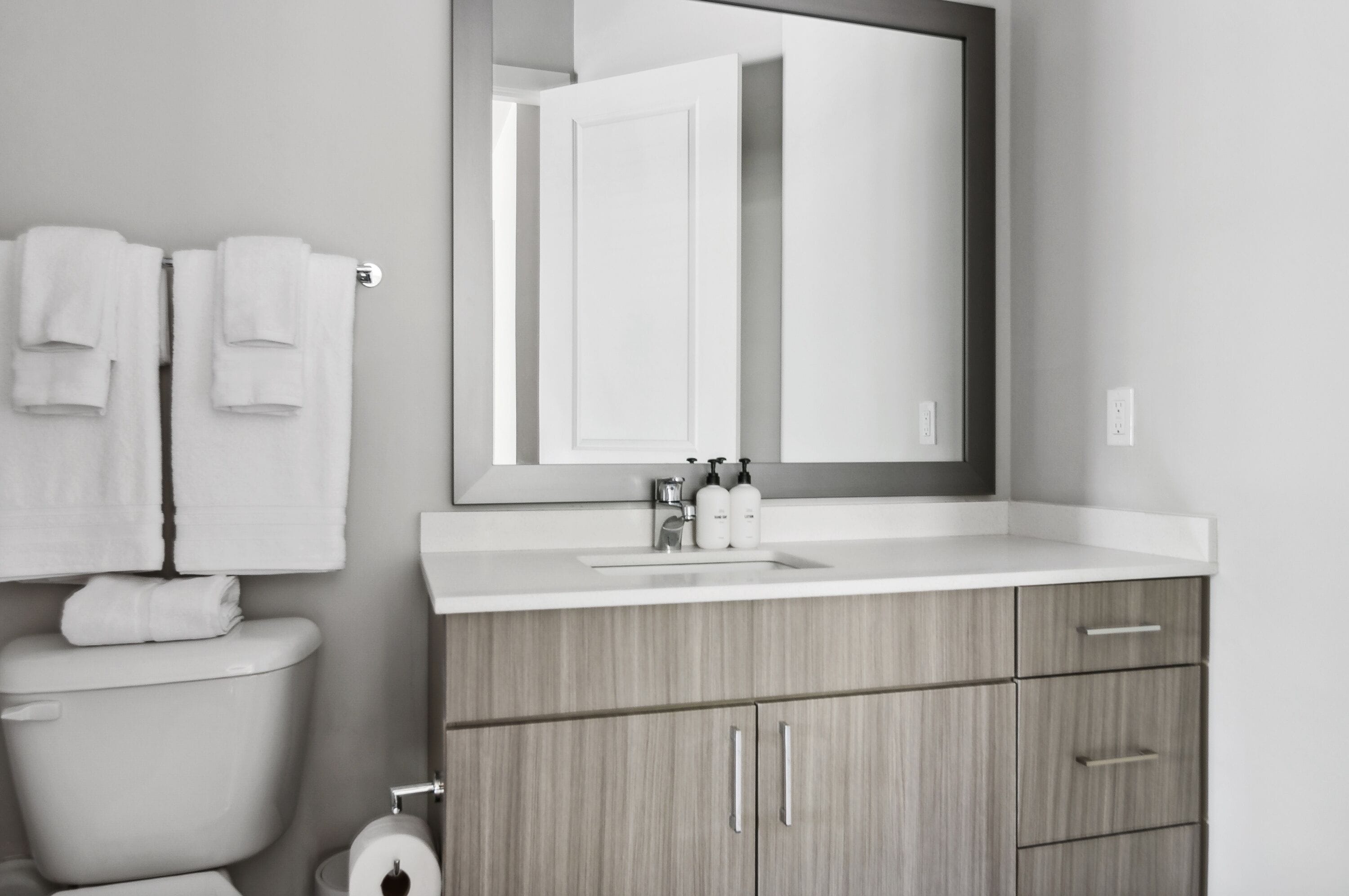 A modern bathroom with a toilet, a sink with two bottles, and a mirror above the sink.