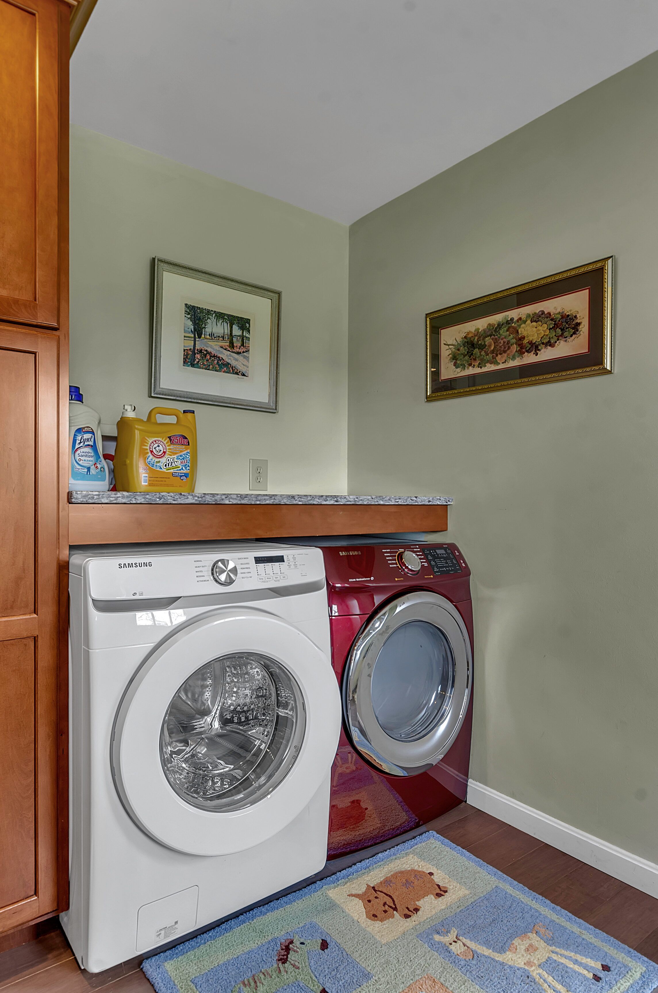A laundry room with two washing machines, a countertop with cleaning supplies, and a rug with animal prints.