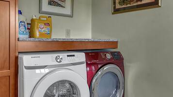 A laundry room with two washing machines, a countertop with cleaning supplies, and a rug with animal prints.