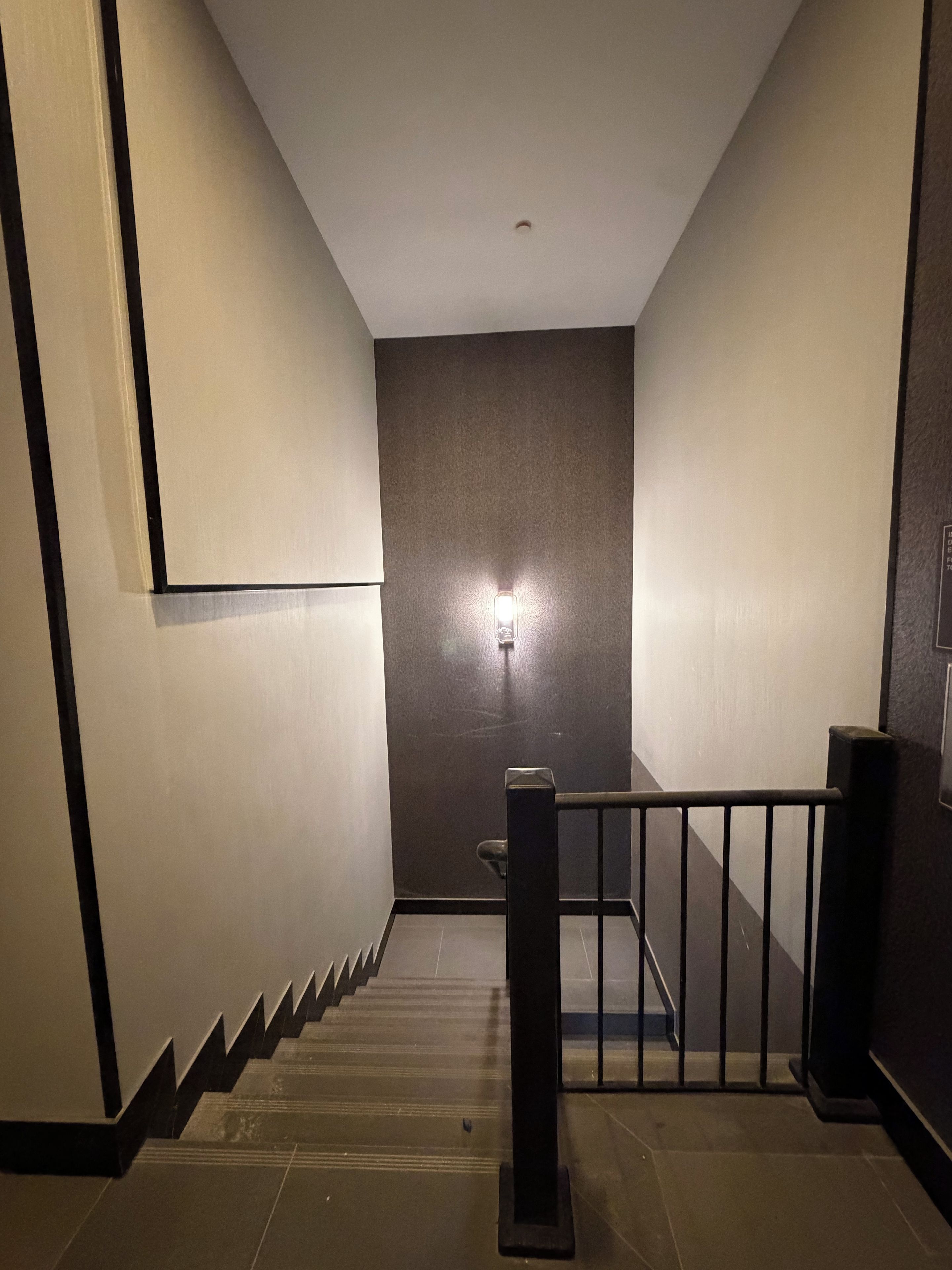 A staircase with a handrail, a light fixture on the wall, and a door at the top.