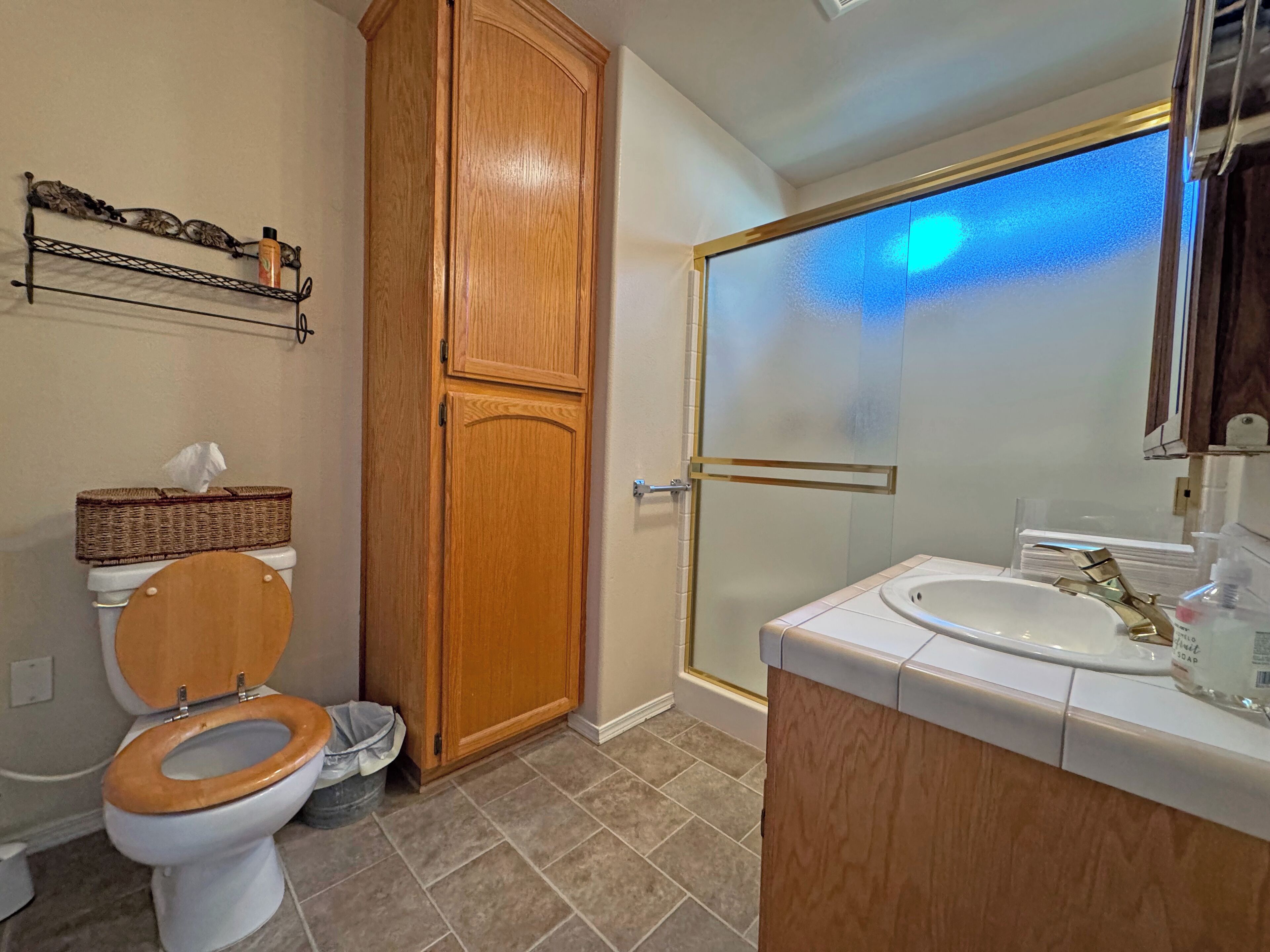 Dusch, hårtork, handdukar och tvål