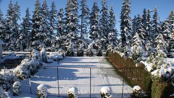 A snow-covered landscape with a fence, snow-covered trees, and a clear sky.