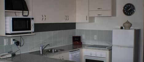 Een kleine keuken met witte kastjes, een magnetron, een fornuis, een vaatwasser en een koelkast.