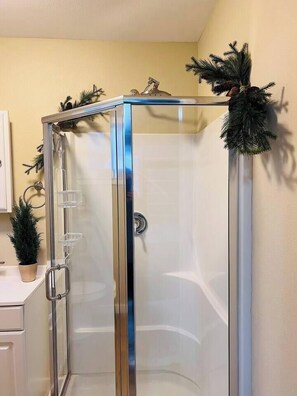 Shower, hair dryer, towels